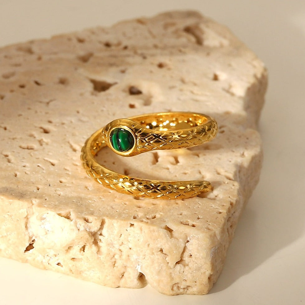 Malachite Snake Charmer Gold Bypass Ring