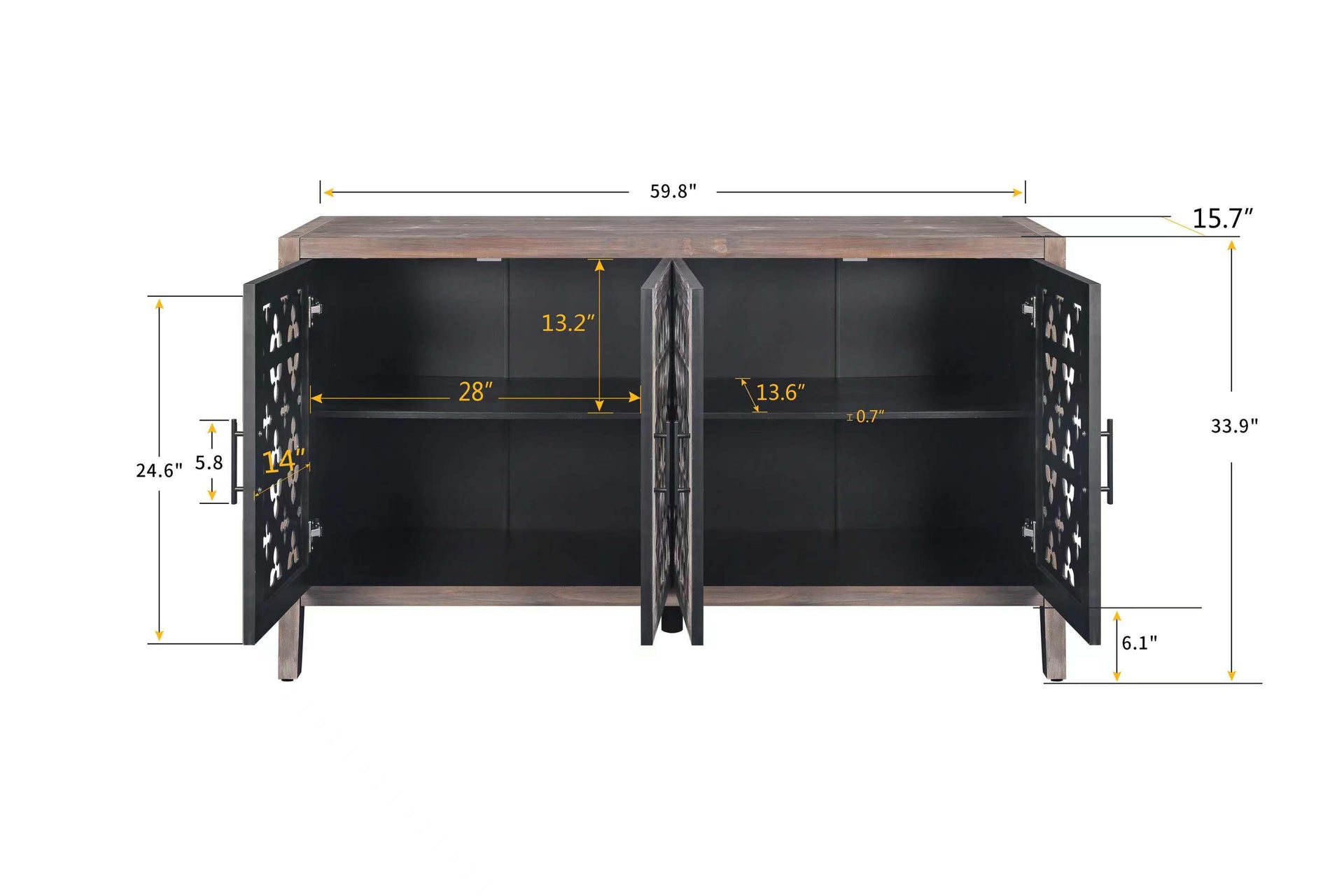 Hollow Four Door Antique Cabinet, American Country Style, Suitable for Living Room, TV Cabinet, Kitchen (Brown) Vtng Furniture