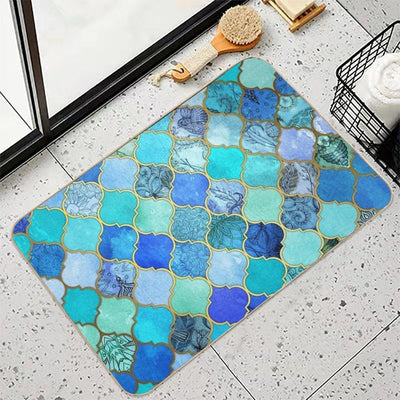 Cobalt Blue, Aqua & Gold Decorative Moroccan Tile Pattern Bath Mat