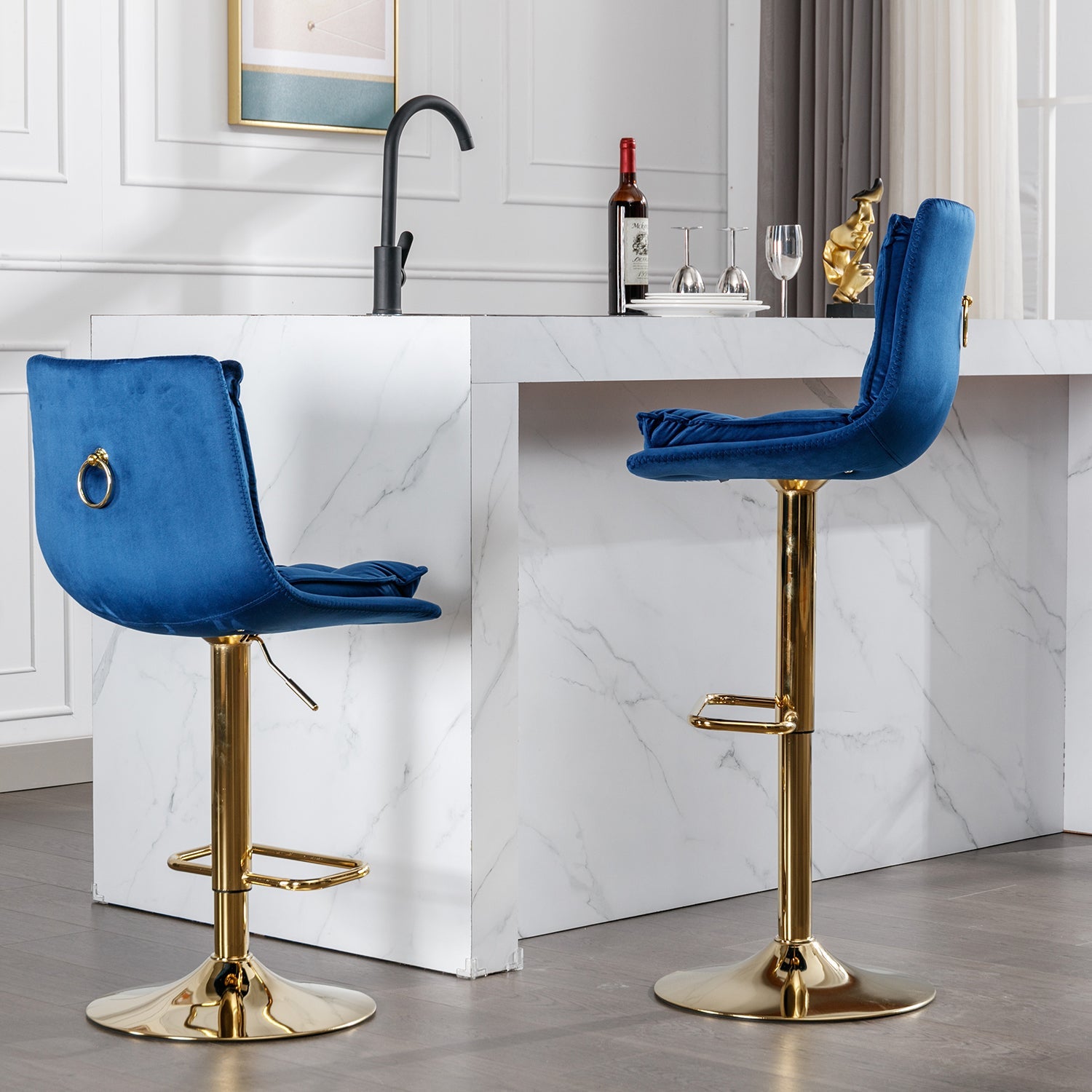 Set of 2 Bar Stools — Chrome Footrest, Swivel Height-Adjustable Velvet Seat, Golden Legs