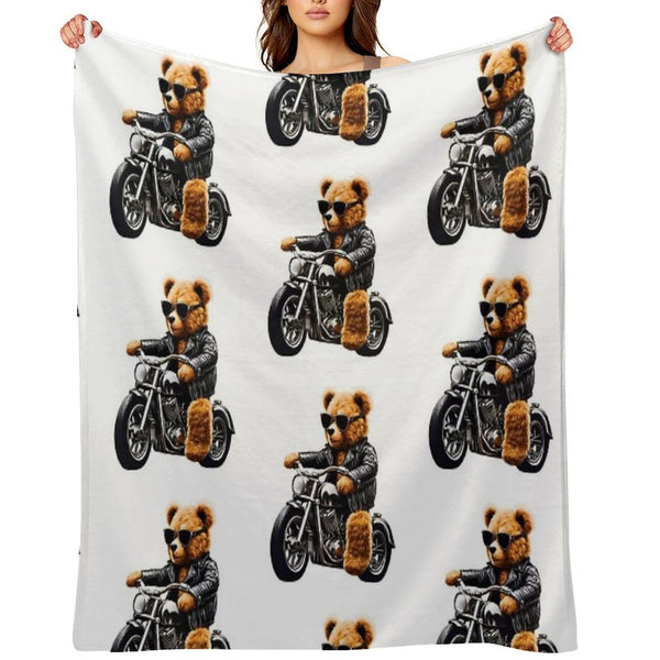 Cool Biker Teddy Bear on Motorcycle - Fun And Cute Plush Design Durable Throw Blanket