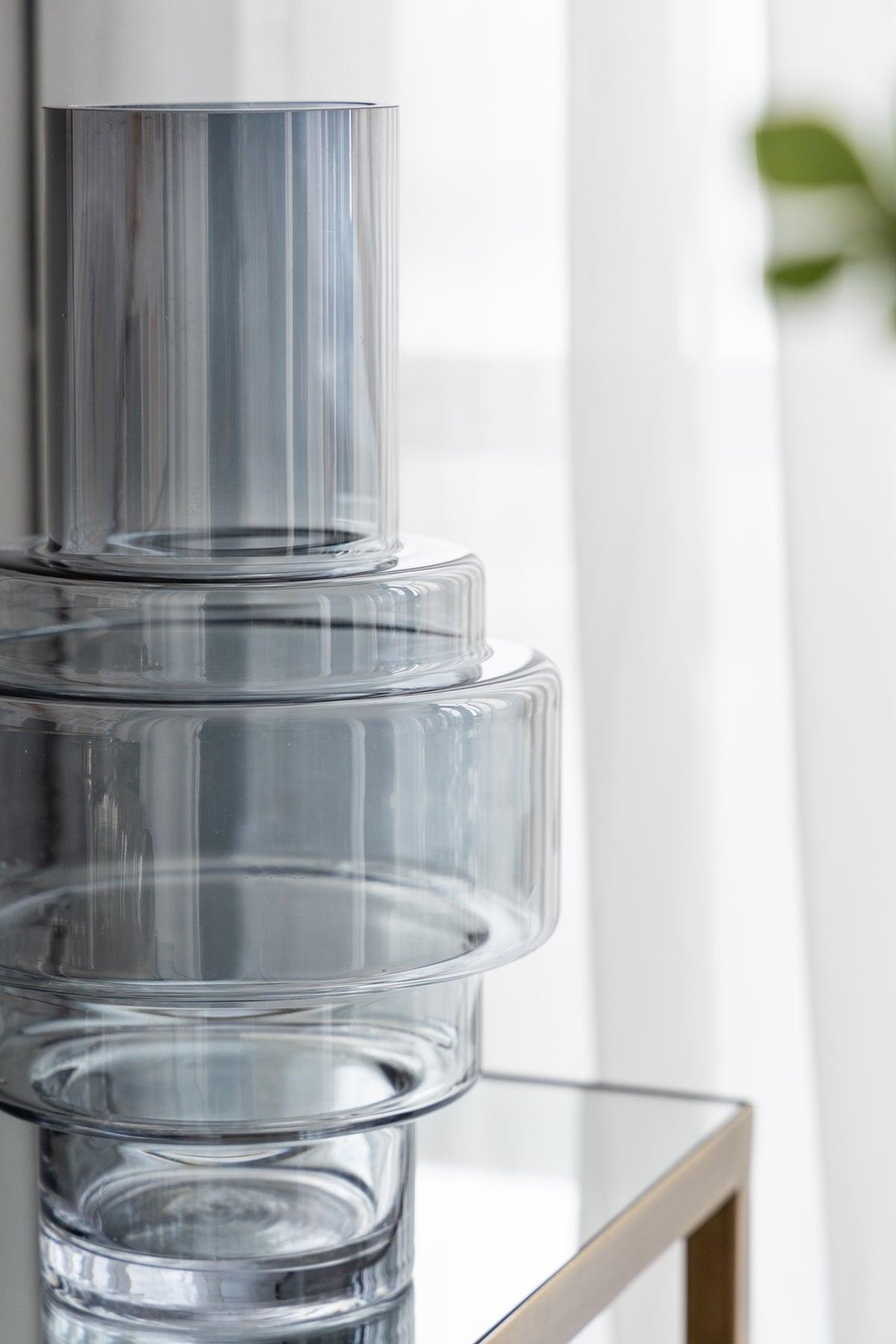 Blue Smoked Geometric Glass Decorative Vase