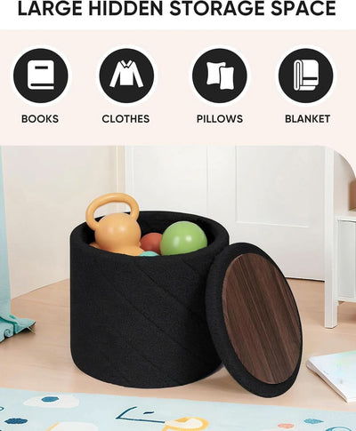 Luxurious Black Boucle Storage Ottoman 12 In Diameter Tray