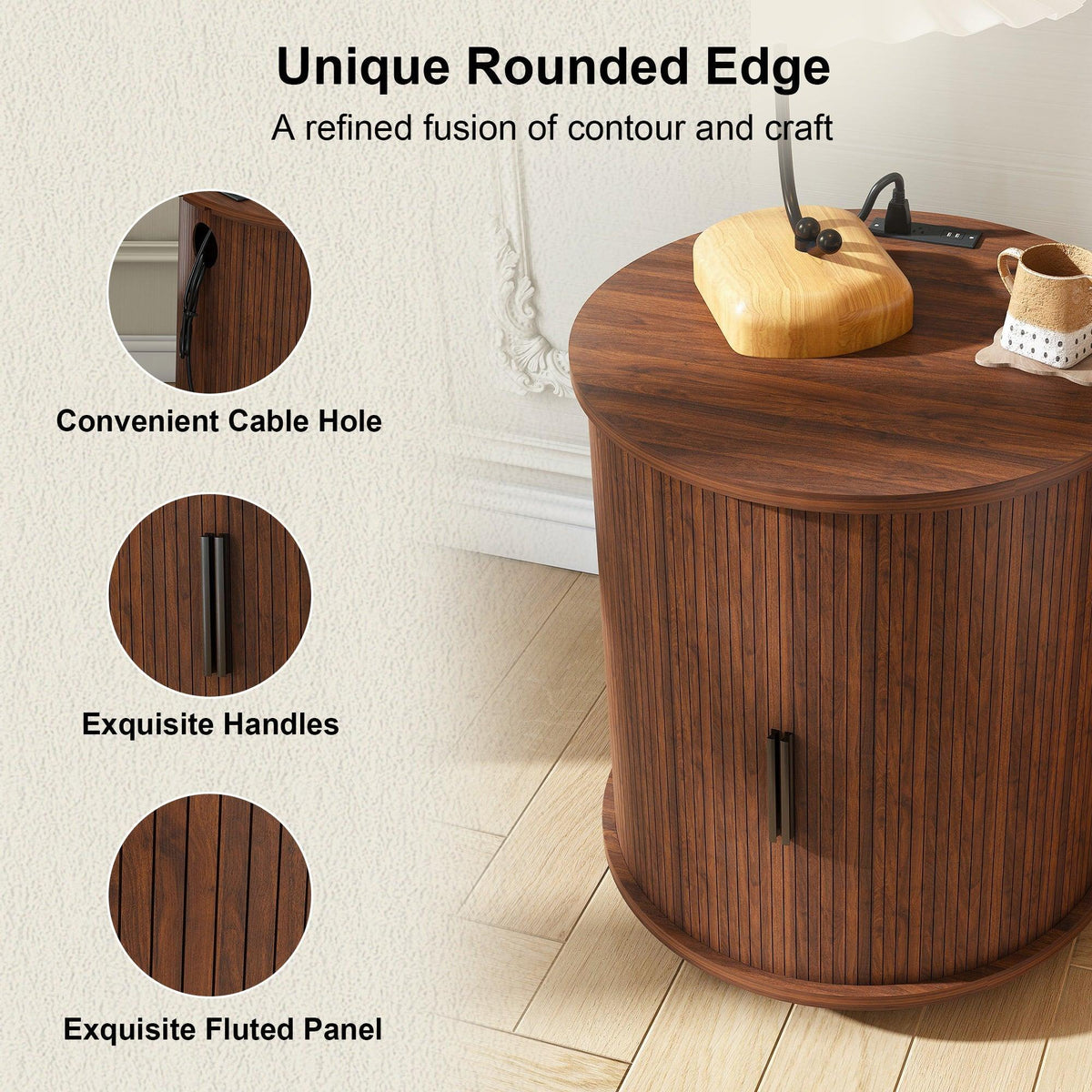 Walnut Mid-Century Modern Nightstand Set with Charging Station – Round Side Tables (Set of 2)