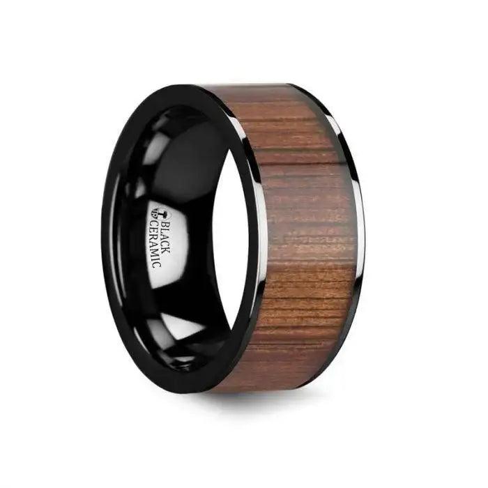 ATREUS Polished Black Ceramic Flat Wedding Band with Koa Wood Inlay - 6mm - 10mm