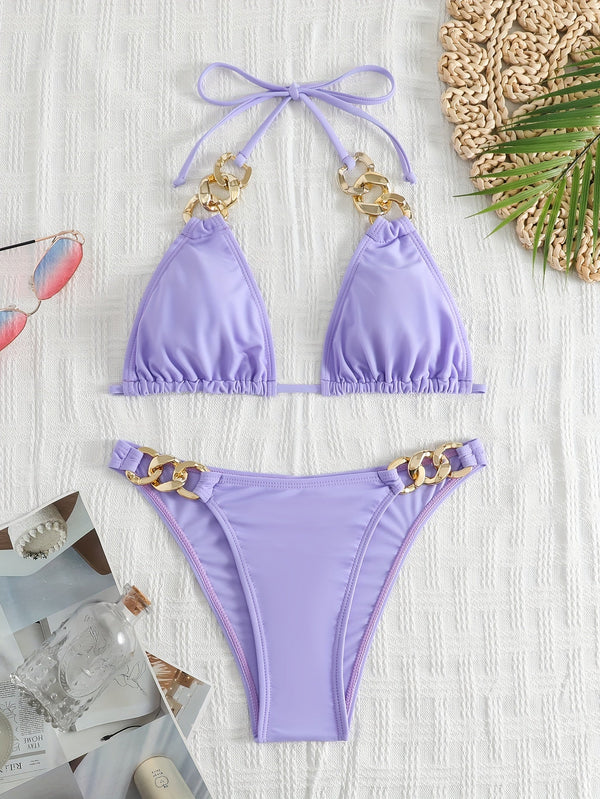 Luxe Chain Link Triangle Halter Bikini Set – Chic V Neck 2 Piece Swimsuit with Lace-Up Tie Back High Stretch Nylon Blend and Sleek Solid Color Finish – Women's Elegant Swimwear for Summer Beach & Pool Style