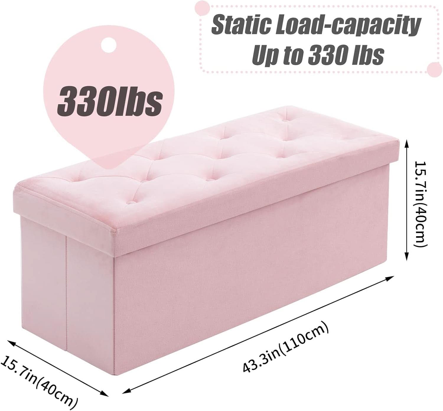 Pink 43 Inch Velvet Lux Foldable Storage Ottoman Bench