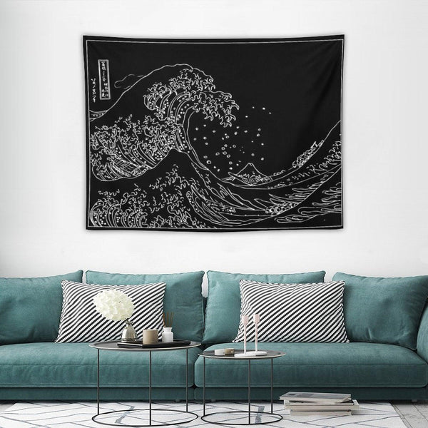 Great Wave Outline Black And White Tapestry