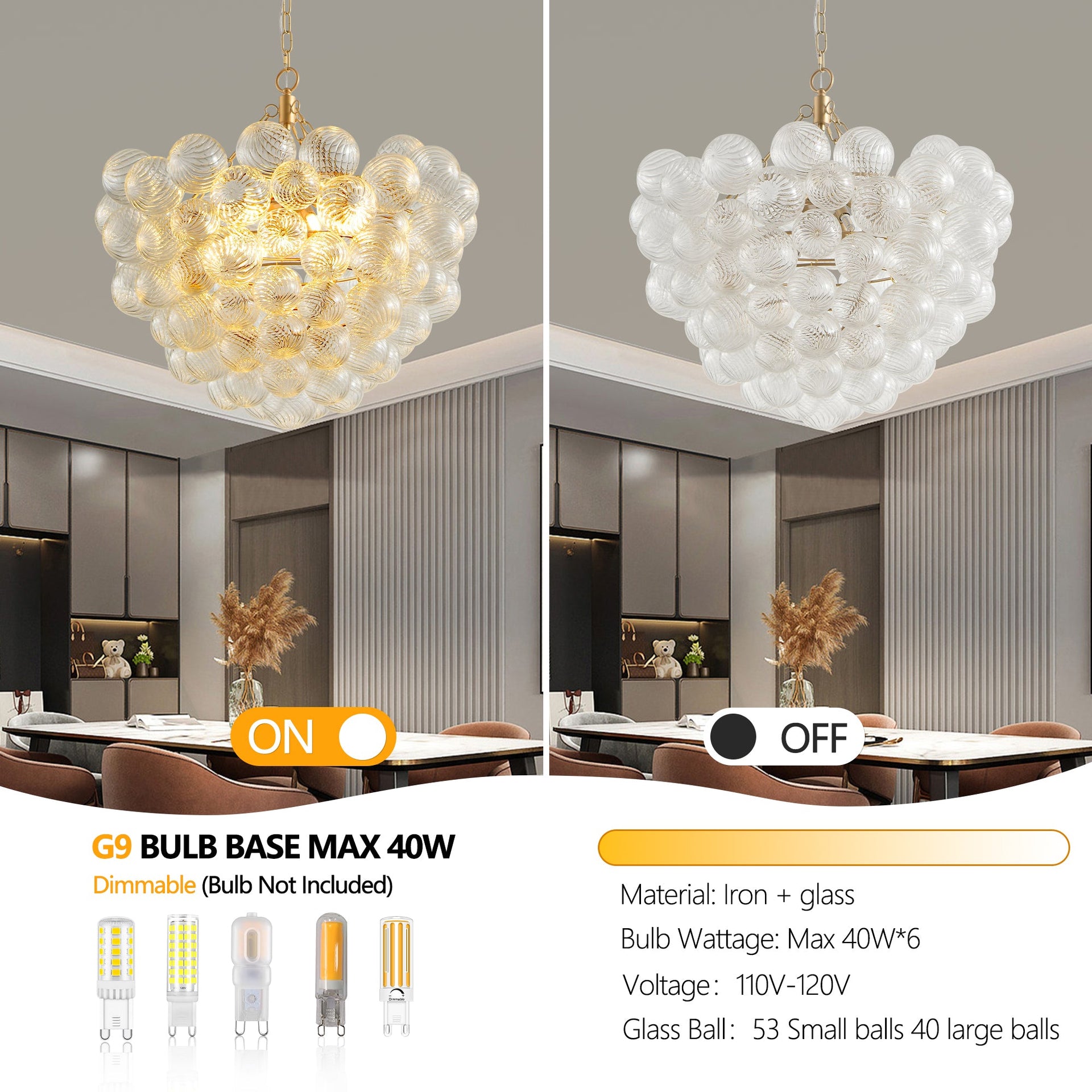Gold Pendant Chandelier with Threaded Clear Glass Globe Shade for Living, Dining & Kitchen