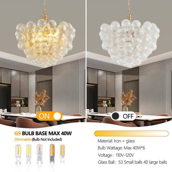 Gold Pendant Chandelier with Threaded Clear Glass Globe Shade for Living, Dining & Kitchen