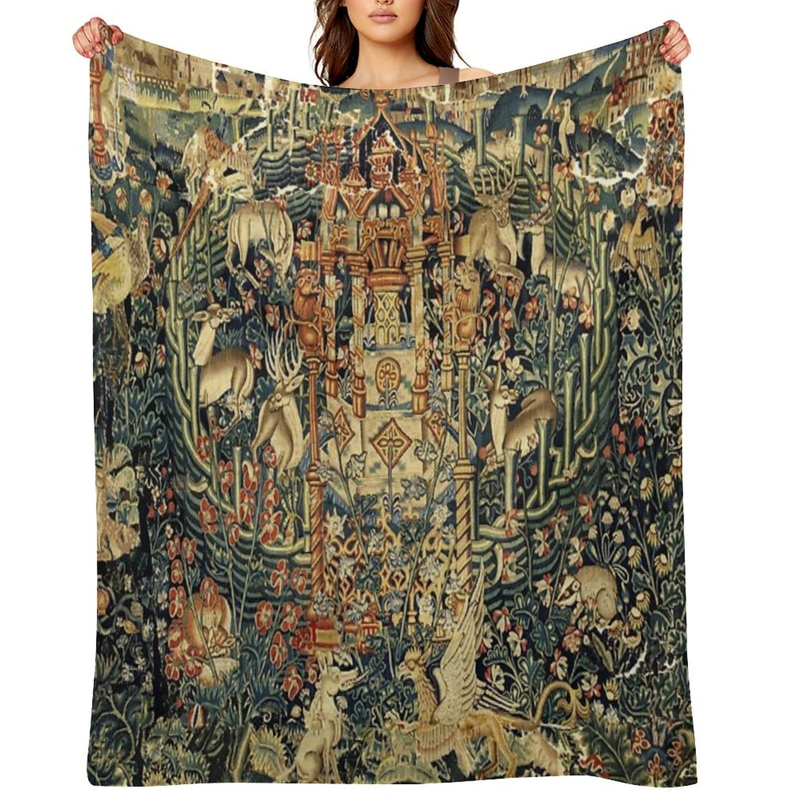 SOURCE OF LIFE Verdure with Forest Animals in Private Garden, Floral Medieval Tapesty Shrink-resistant Throw Blanket