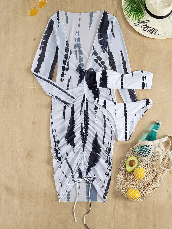 Horizon Haze 3-Piece Tie Dye Bandeau Bikini Set for Women – Strapless Tube Top with Long Sleeve Semi-Sheer Cover-Up Dress for Summer – Artistic Stripe Print Swimwear Ensemble for Bold Summer Fashion