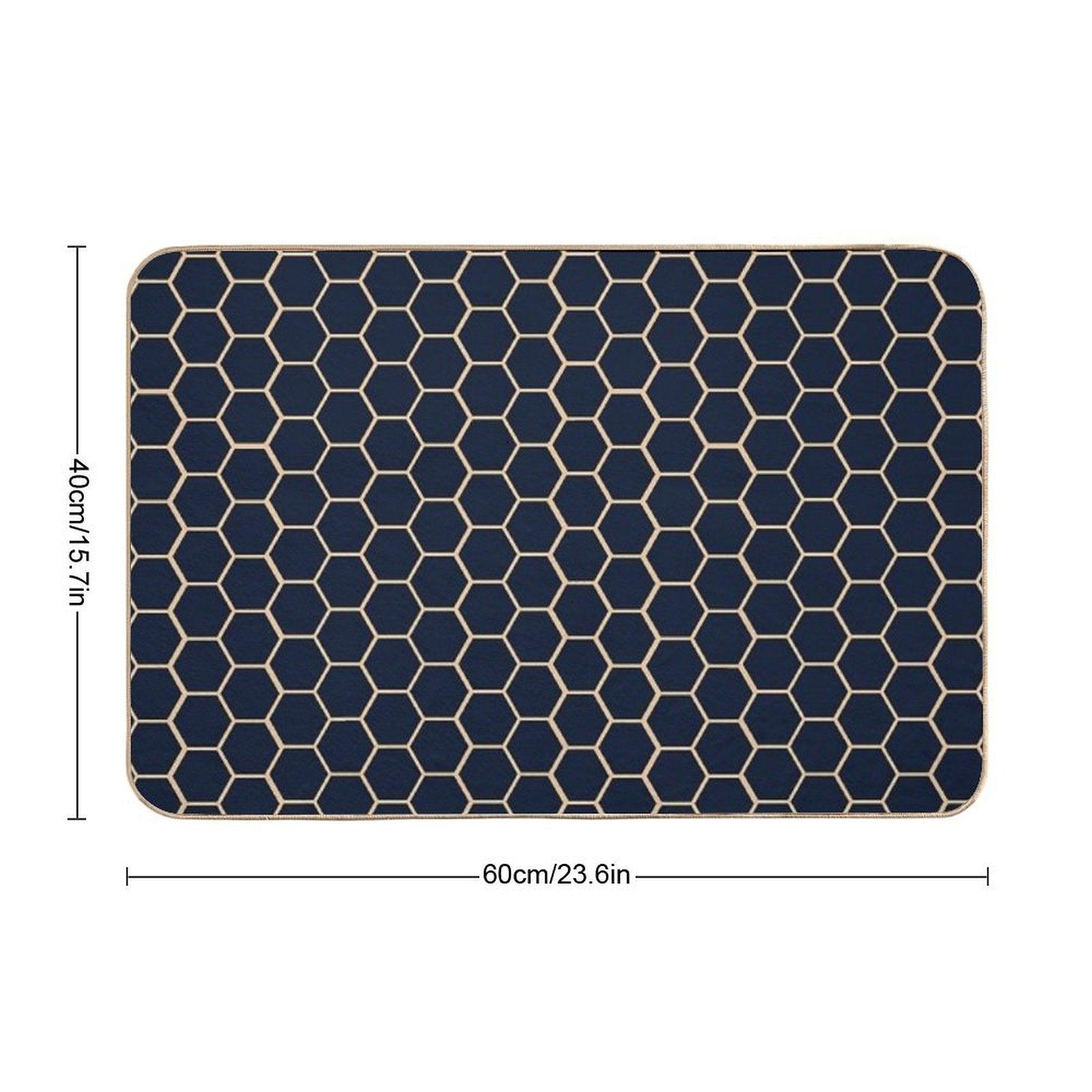 Geometric Light Yellow And Dark Blue Honeycomb Pattern Bath Mat