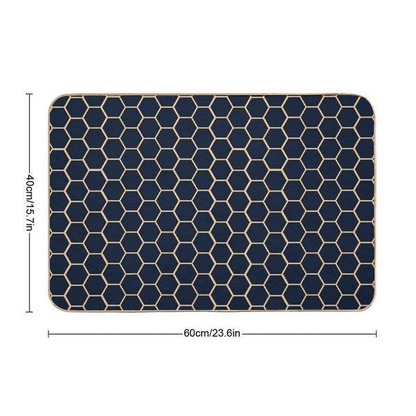 Geometric Light Yellow And Dark Blue Honeycomb Pattern Bath Mat