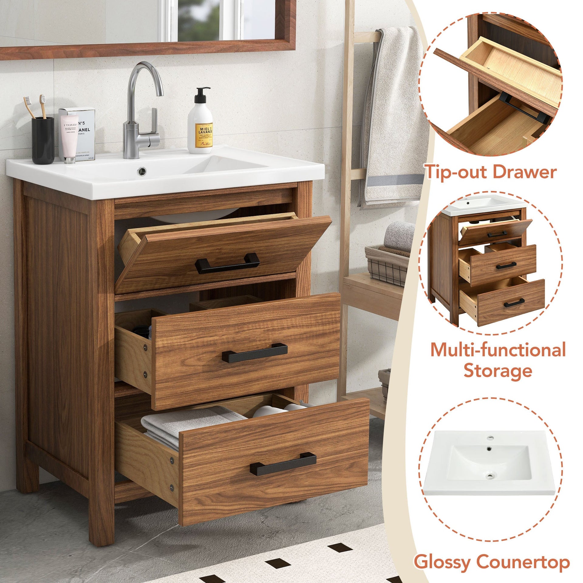 24'' Bathroom Vanity with Ceramic Basin Sink, Modern Bathroom Storage Cabinet with 3 Drawers, Freestanding Bathroom Vanity Cabinet with Single Sink (Same as SW000108AAP)