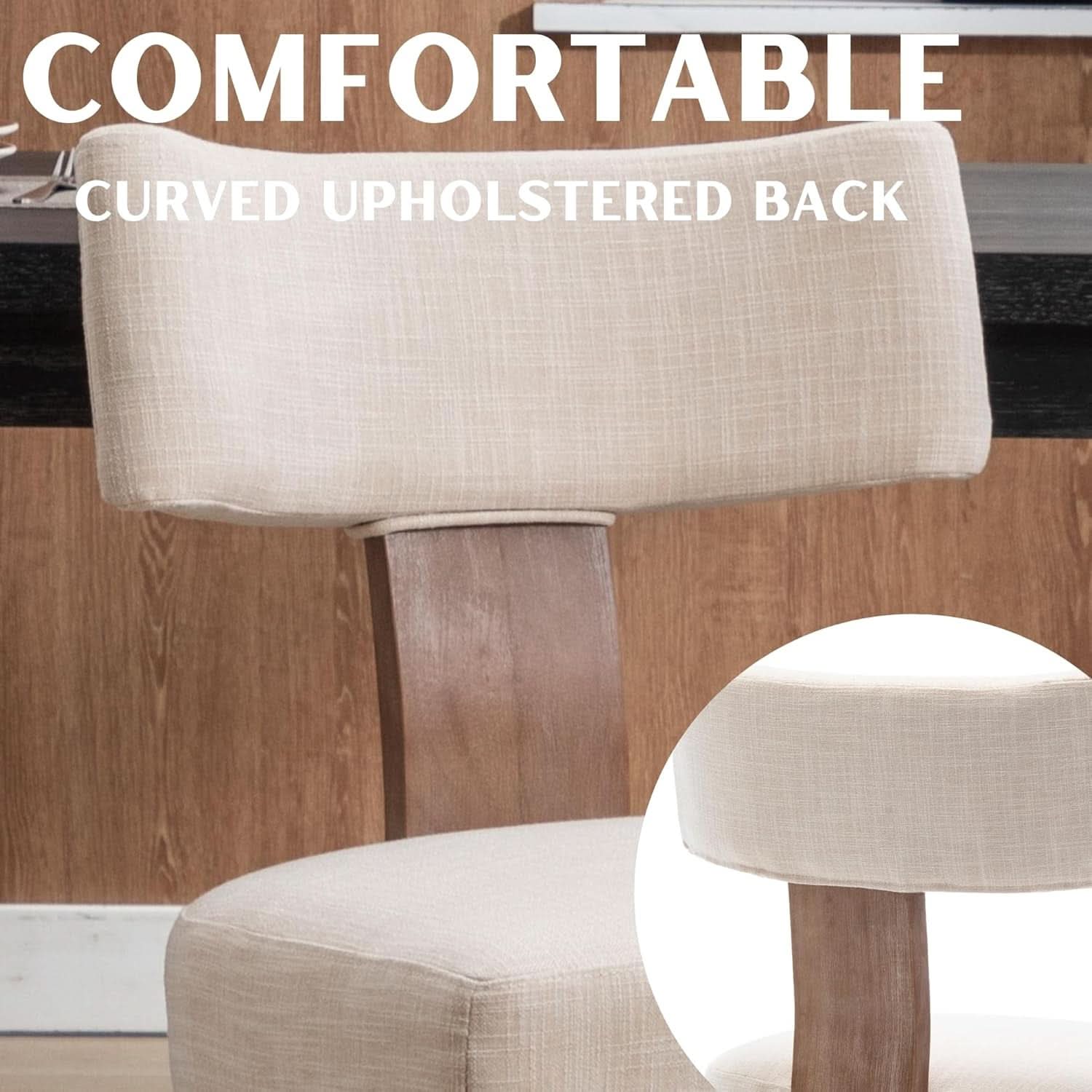 Beige Upholstered Linen Dining Armchairs Wood Legs