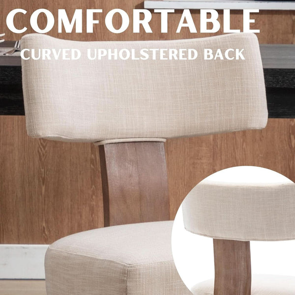 Beige Linen Fabric Upholstered Dining Chairs Curved Back
