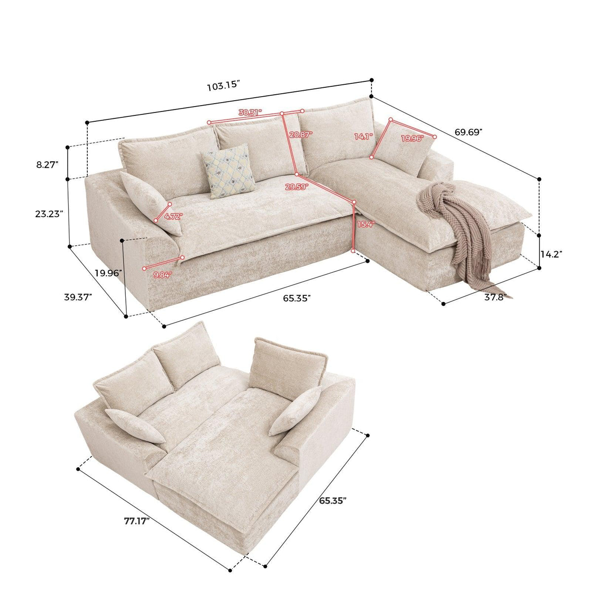 Ivory Chenille L‑Shaped Modular Sectional Compressed Sofa