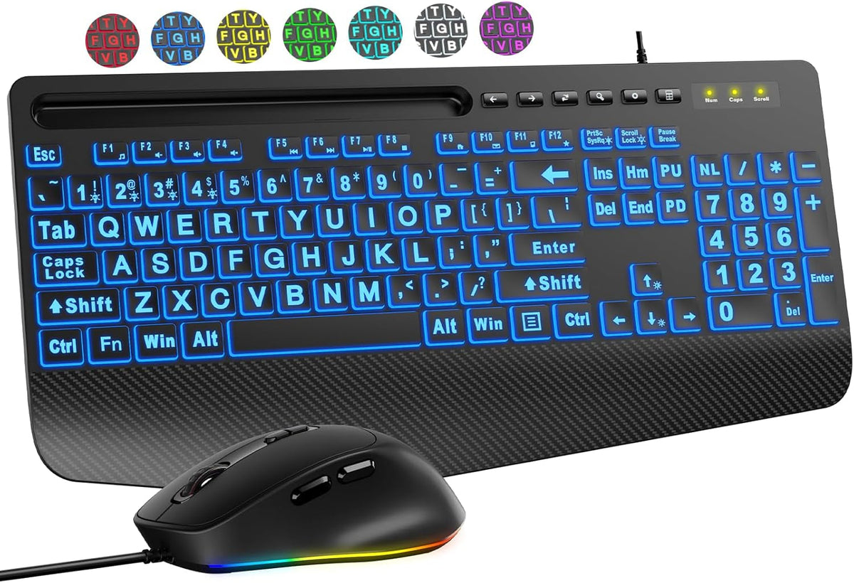 Wired Keyboard Mouse Combo – Large Print Backlit with Ergonomic Wrist Rest & 6-DPI RGB Mouse