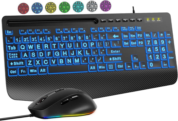 Wired Keyboard Mouse Combo – Large Print Backlit with Ergonomic Wrist Rest & 6-DPI RGB Mouse