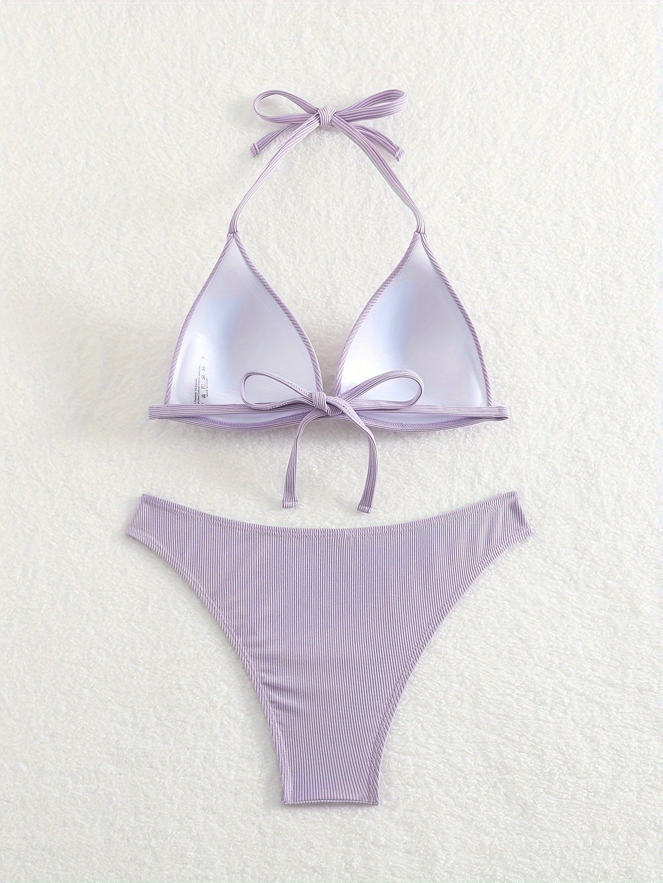 Bikini Rib Knit Solid Color Triangle 2 Piece Swimsuit for Women – Adjustable Tie Back Halter Bikini Set with Spaghetti Straps – High Stretch Polyester Swimwear for Summer Beachwear Poolside Relaxation and Tropical Vacation