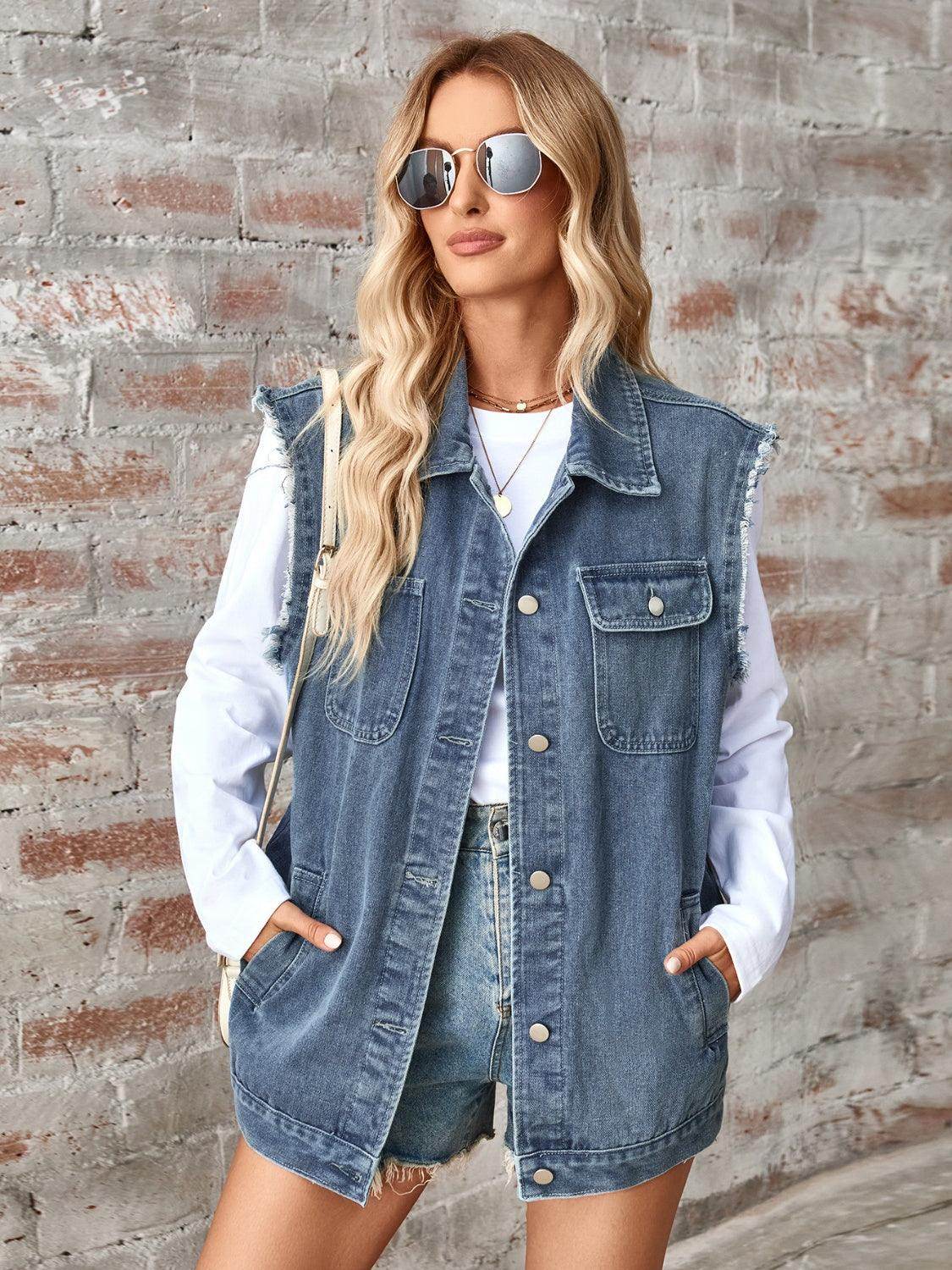 Raw Hem Sleeveless Button Up Denim Jacket for Women
