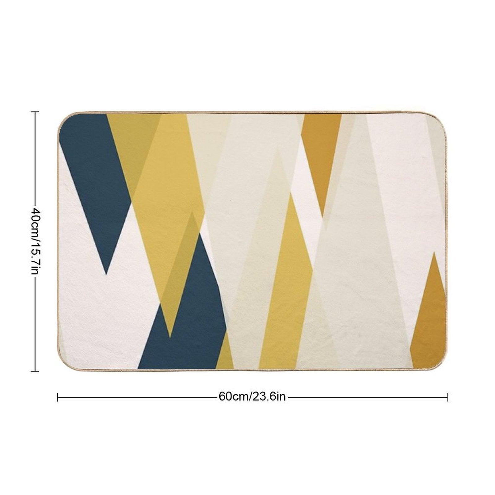 Triangular Abstract in Mustard Yellows, Navy Blue, And Blush Tones. Minimalist Geometric Bath Mat