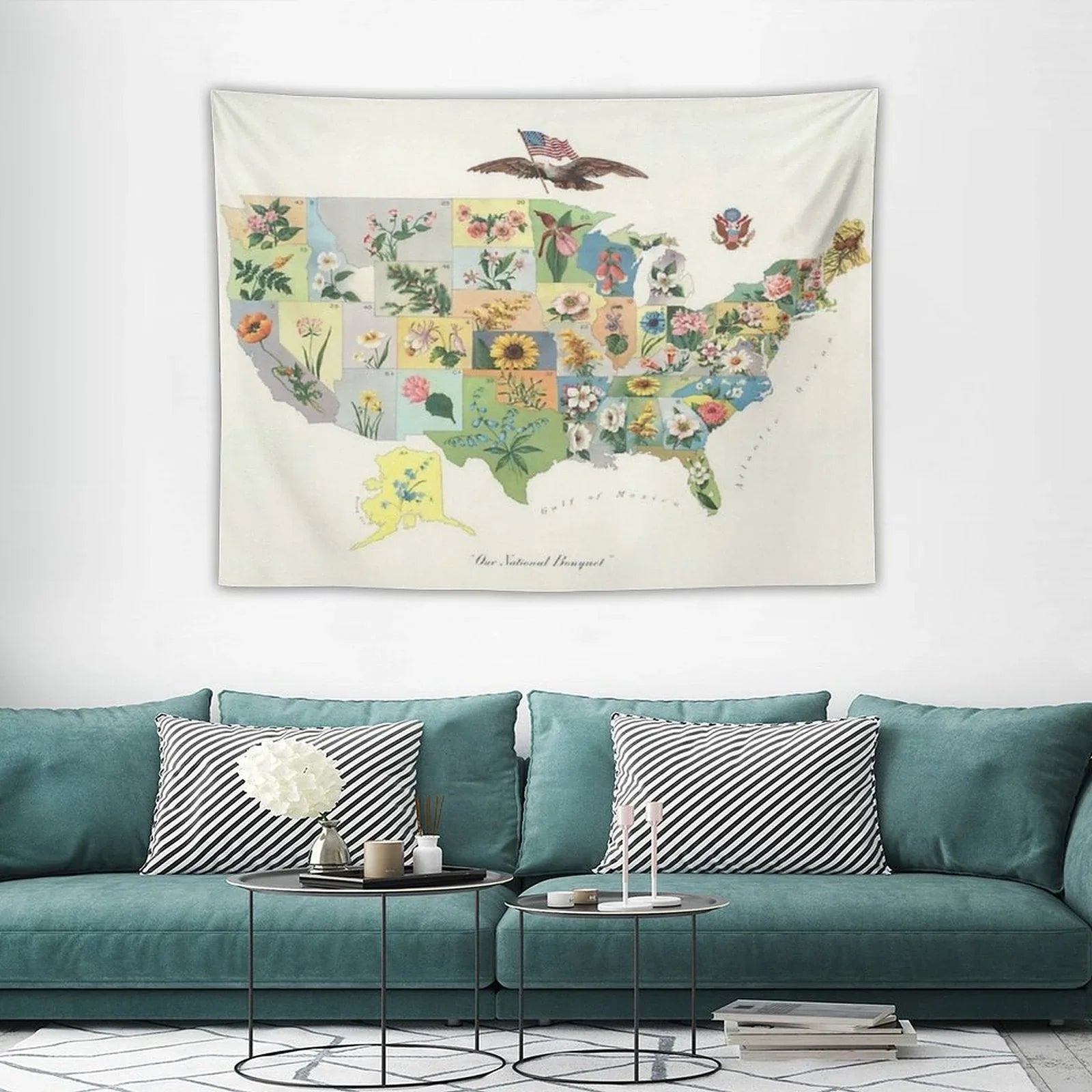 Vintage US State Flower Map Tapestry