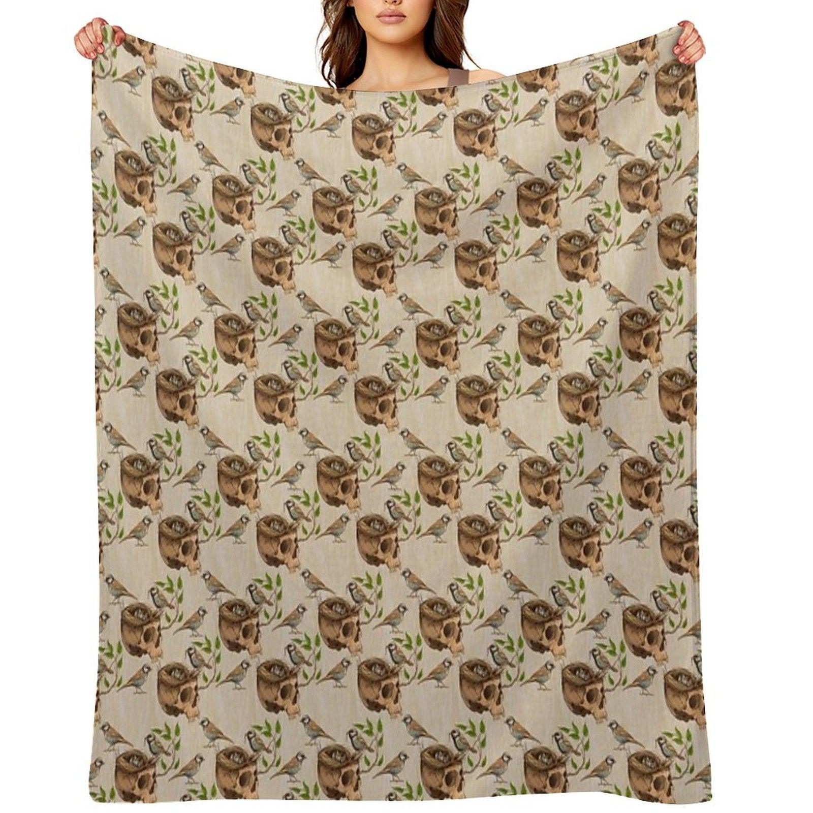 Black And White Illustration of Birds Making A Nest in Animal Skull Throw Blanket