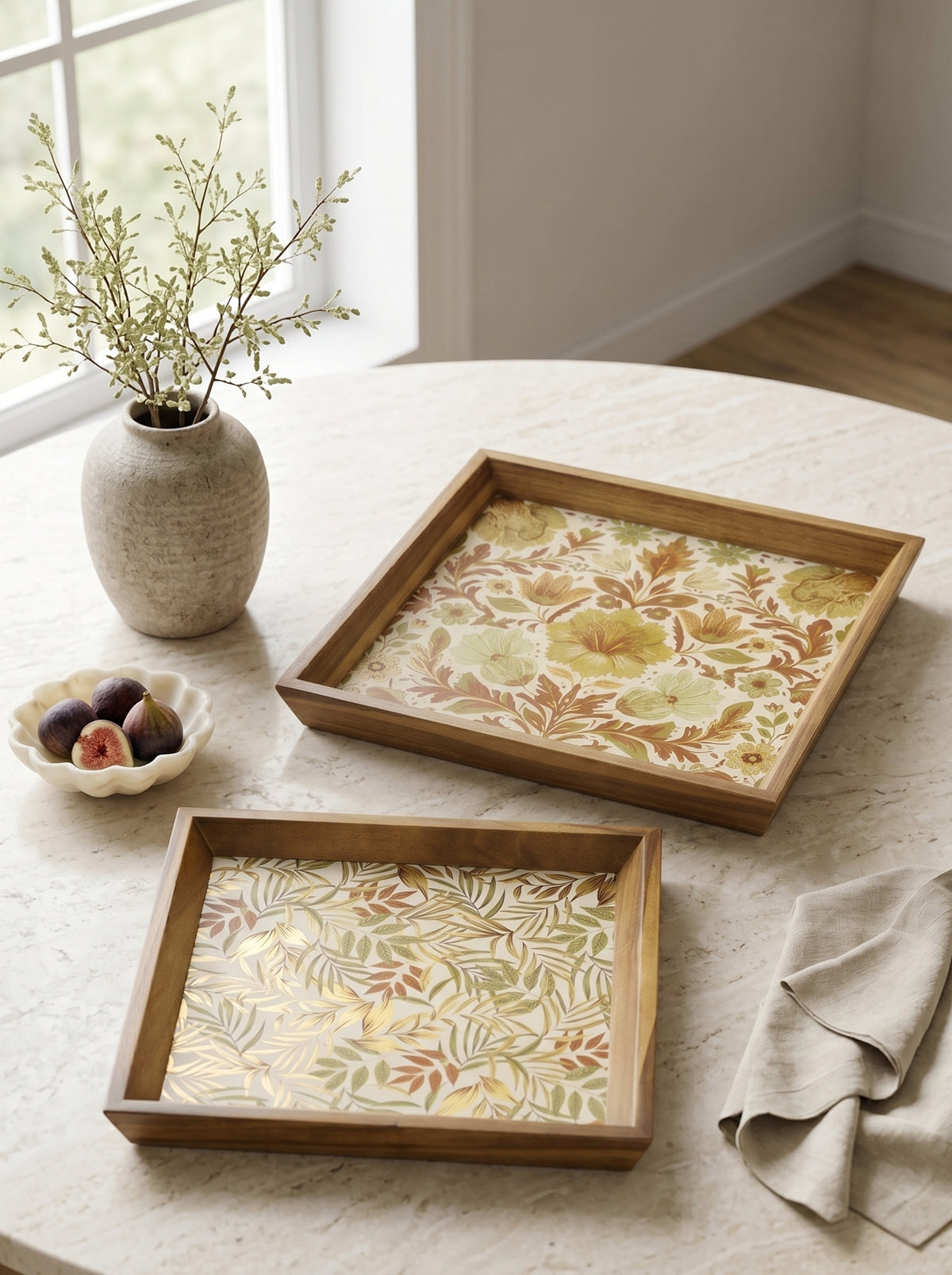 Set of 2 Square Acacia Wood Mirrored Tray