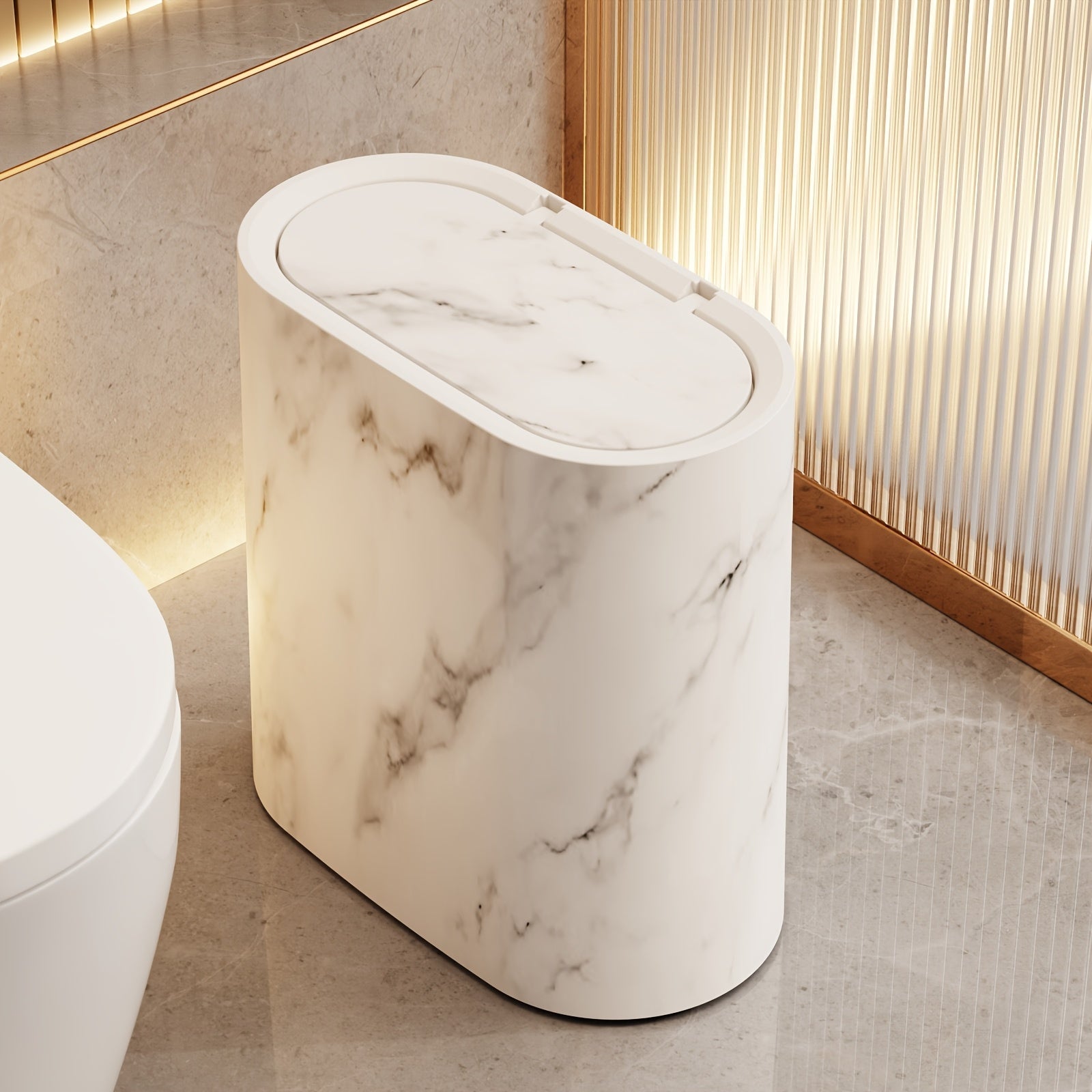 Marble Bathroom Trash Can with Lid Oval Small Kitchen Garbage Bin