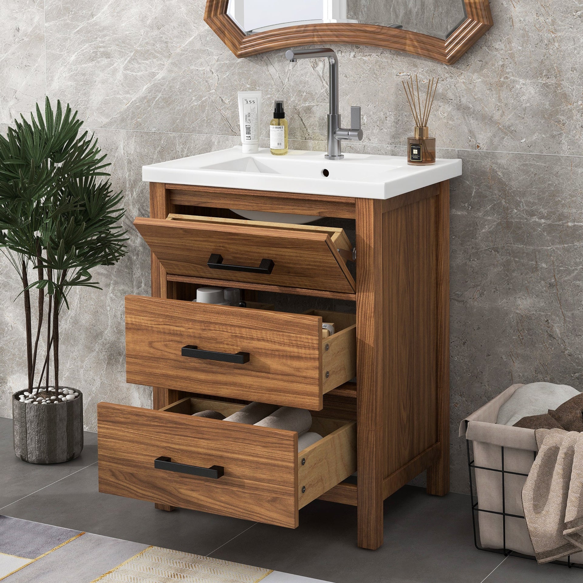 24'' Bathroom Vanity with Ceramic Basin Sink, Modern Bathroom Storage Cabinet with 3 Drawers, Freestanding Bathroom Vanity Cabinet with Single Sink (Same as SW000108AAP)