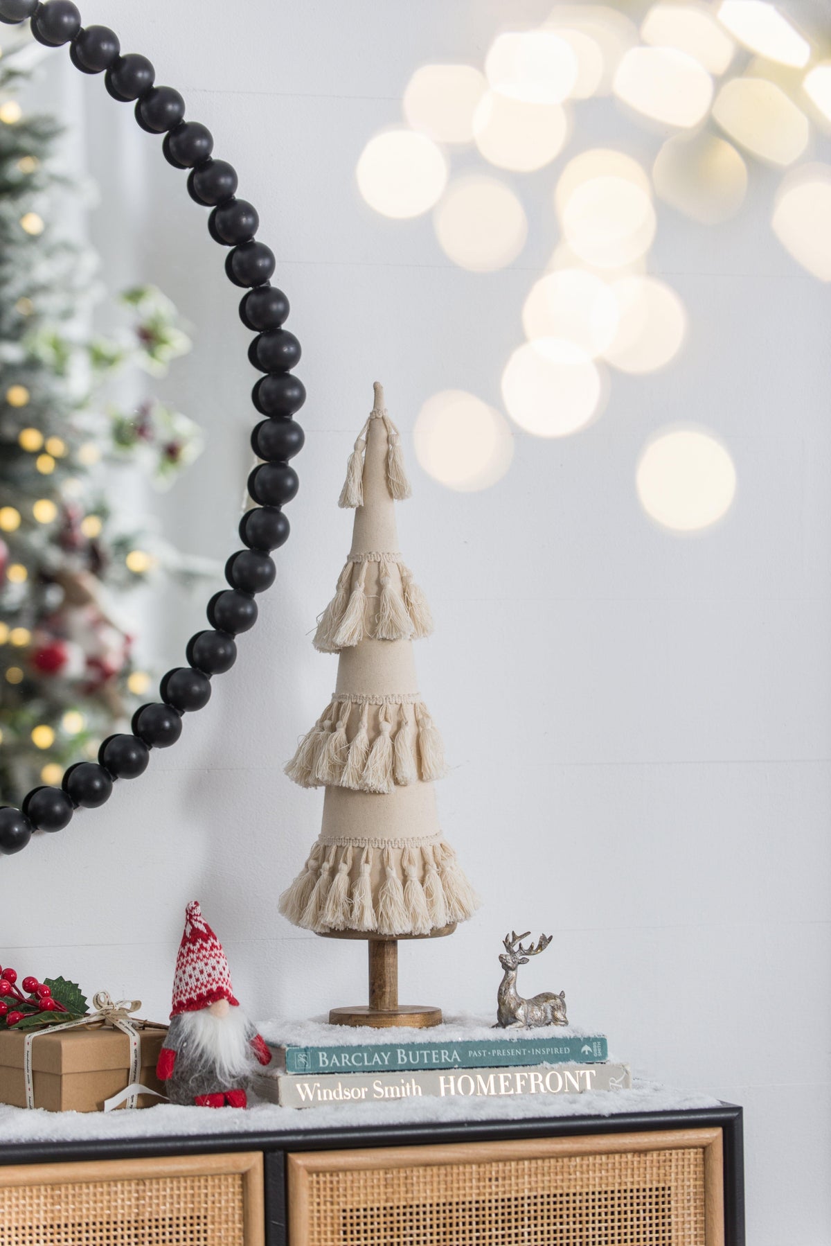Fringes Embellished Cone With Wooden Base