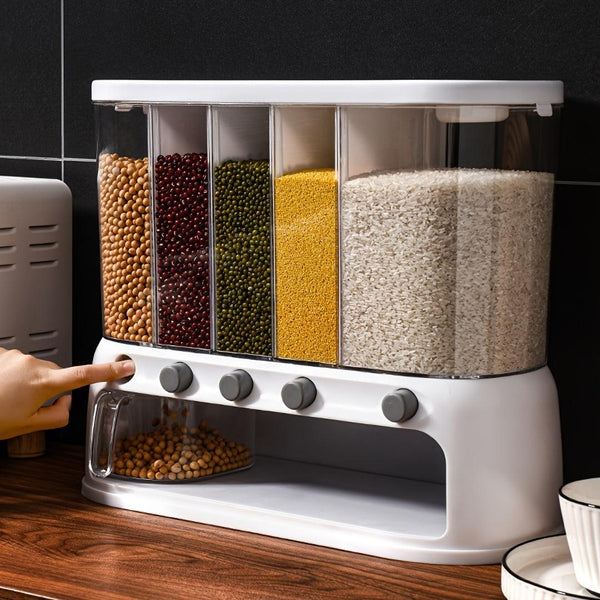 5 Compartment Grain Storage Container Airtight Rice Dispenser Bin
