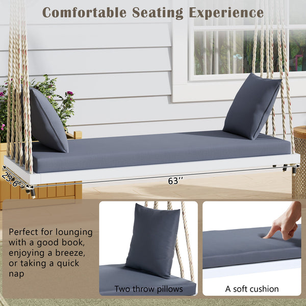 Patio Wooden Swing Chair Hanging Porch Swing Bench with Cushion & Pillows