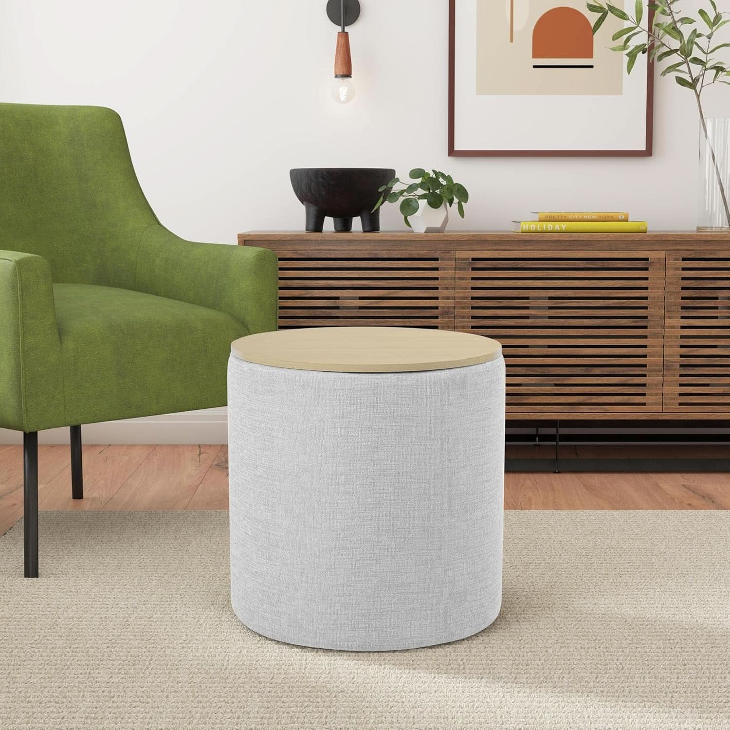 Storage Ottoman 18 Inch Wood Top Gray Textured Fabric