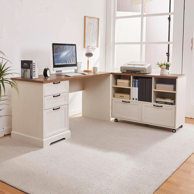 60 Inch L Shaped Desk With Farmhouse Cabinetry Storage