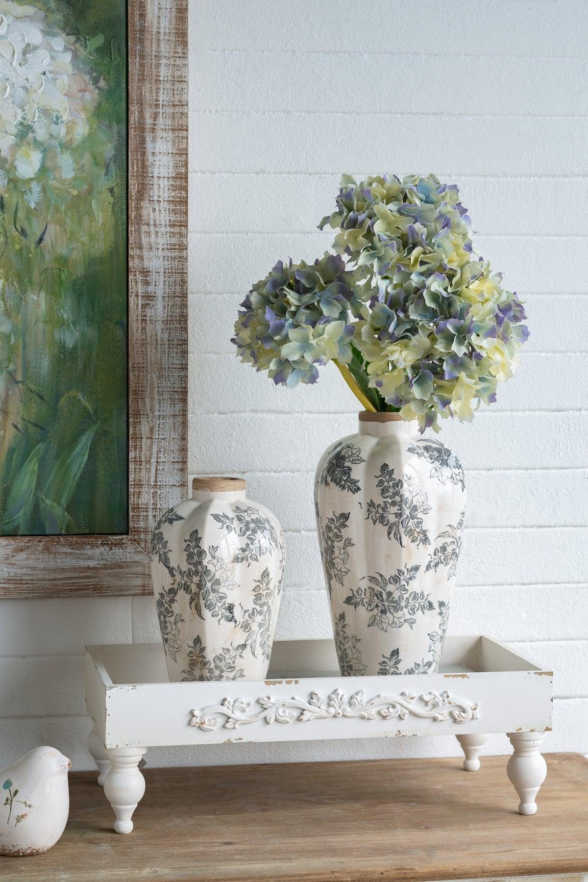 Vintage European Ceramic Vase with Distressed White Finish & Gray Floral Design