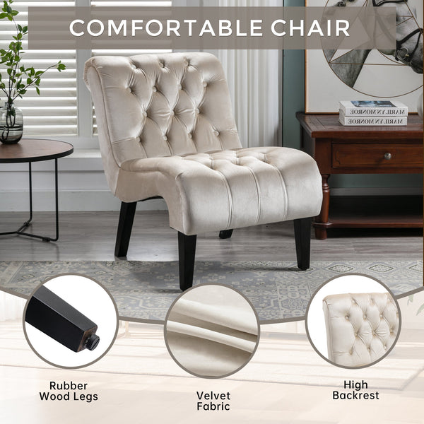Modern Velvet Armless Accent Chair — Upholstered Button Fabric with Wooden Legs
