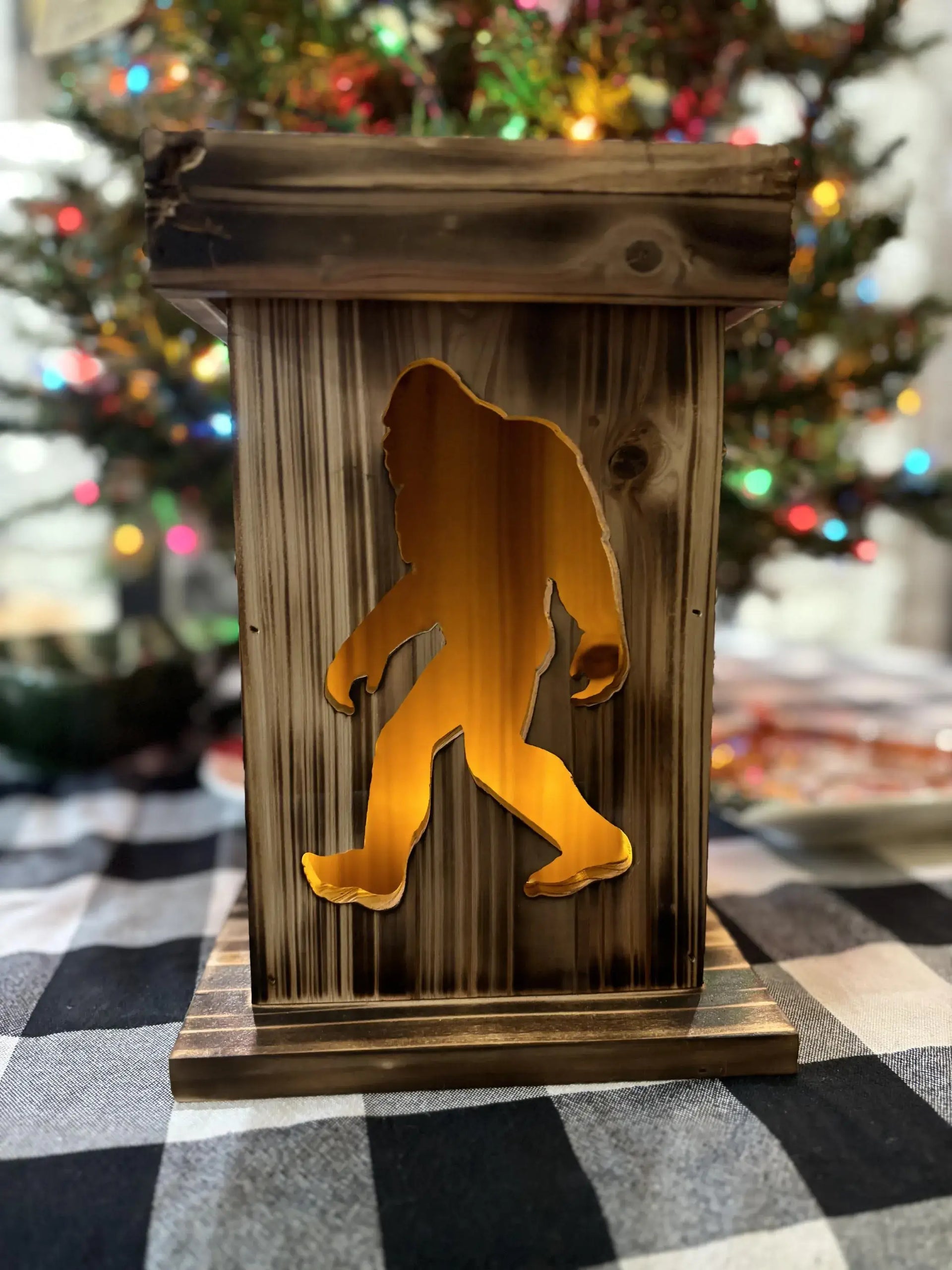 Rustic Bigfoot Lantern – Handcrafted Wooden Lantern with LED Tea Light & Sasquatch Silhouette