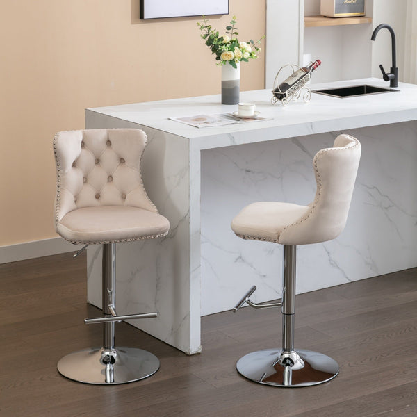 Modern Velvet Swivel Barstools with Adjustable Seat Height and Chrome Base