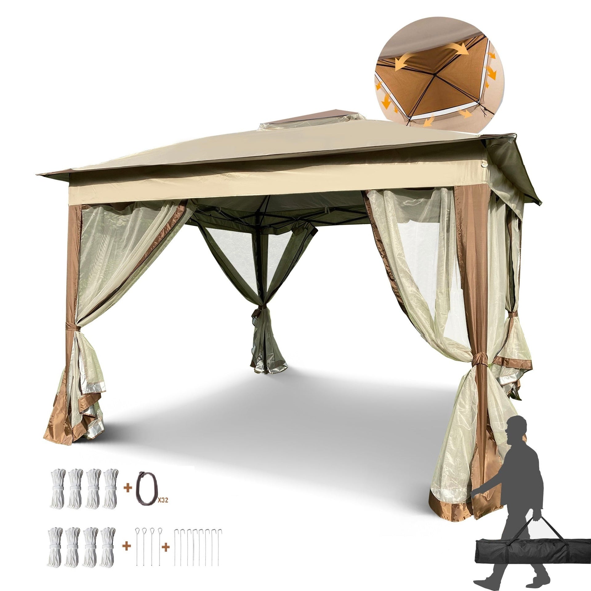 Outdoor Pop-Up Gazebo Canopy 11 x 11 ft (132 x 132 inch) with 2-Tier Soft Top and Removable Zipper Netting - Coffee Metal