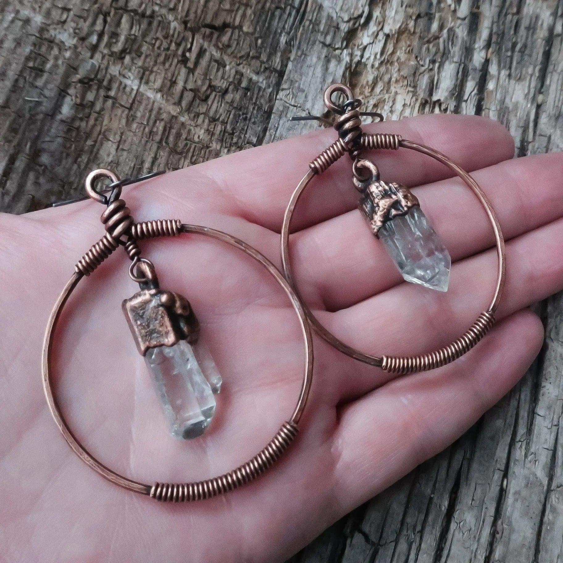 Quartz Earrings - Artisan Copper Hoops | Handmade by Blackbird & Sage