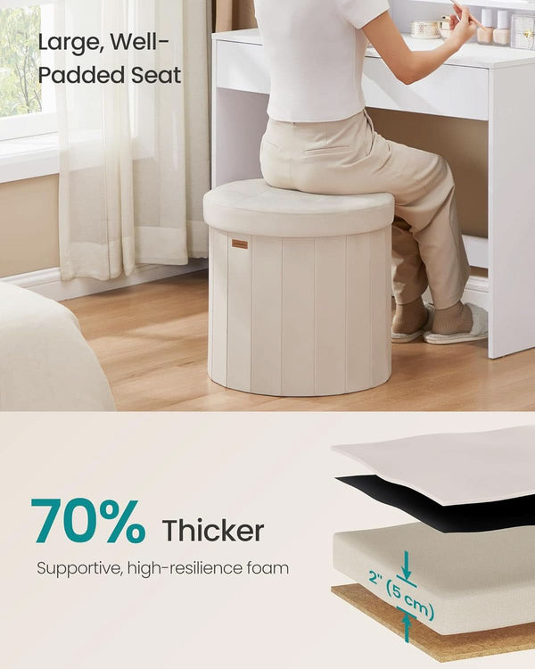 Round Folding Storage Ottoman Cappuccino Beige Velvet