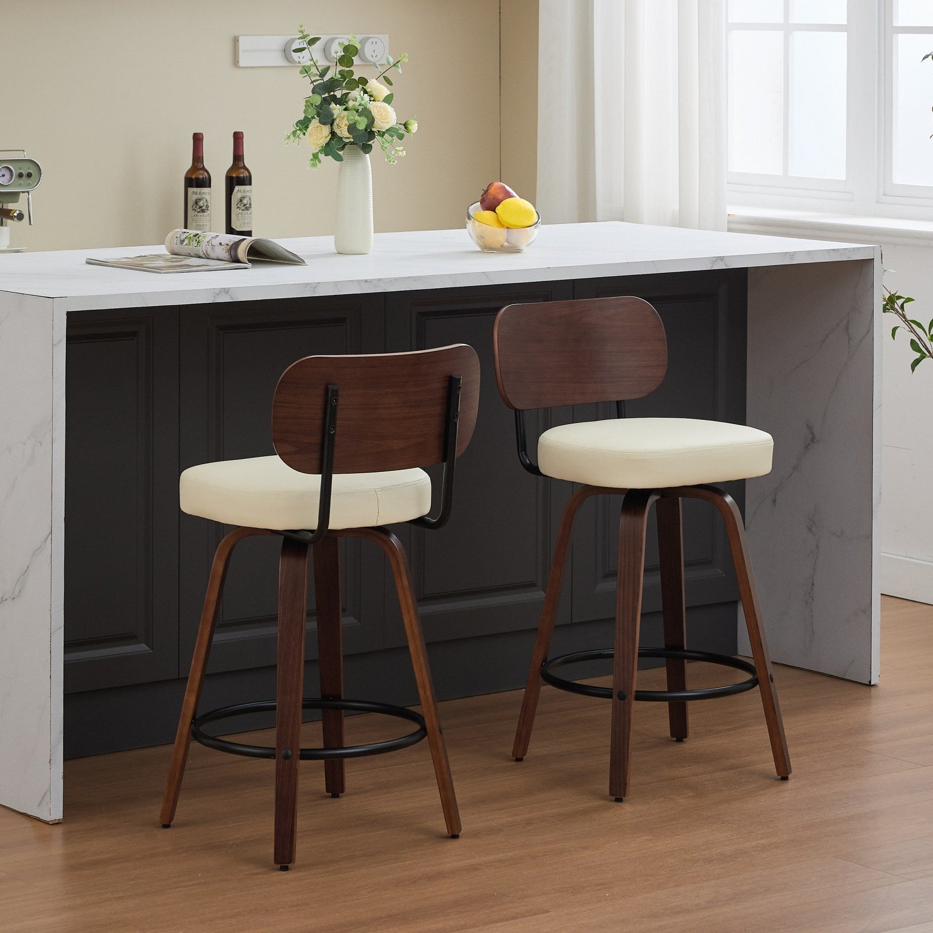 Swivel Bar Stools Set of 2, 26' Upholstered Faux Leather Counter Height Barstools with Walnut Back & Bentwood Legs, Mid Century Modern Bar Chairs Island Stools for Kitchen Counter, Beige PU, SW1864BG