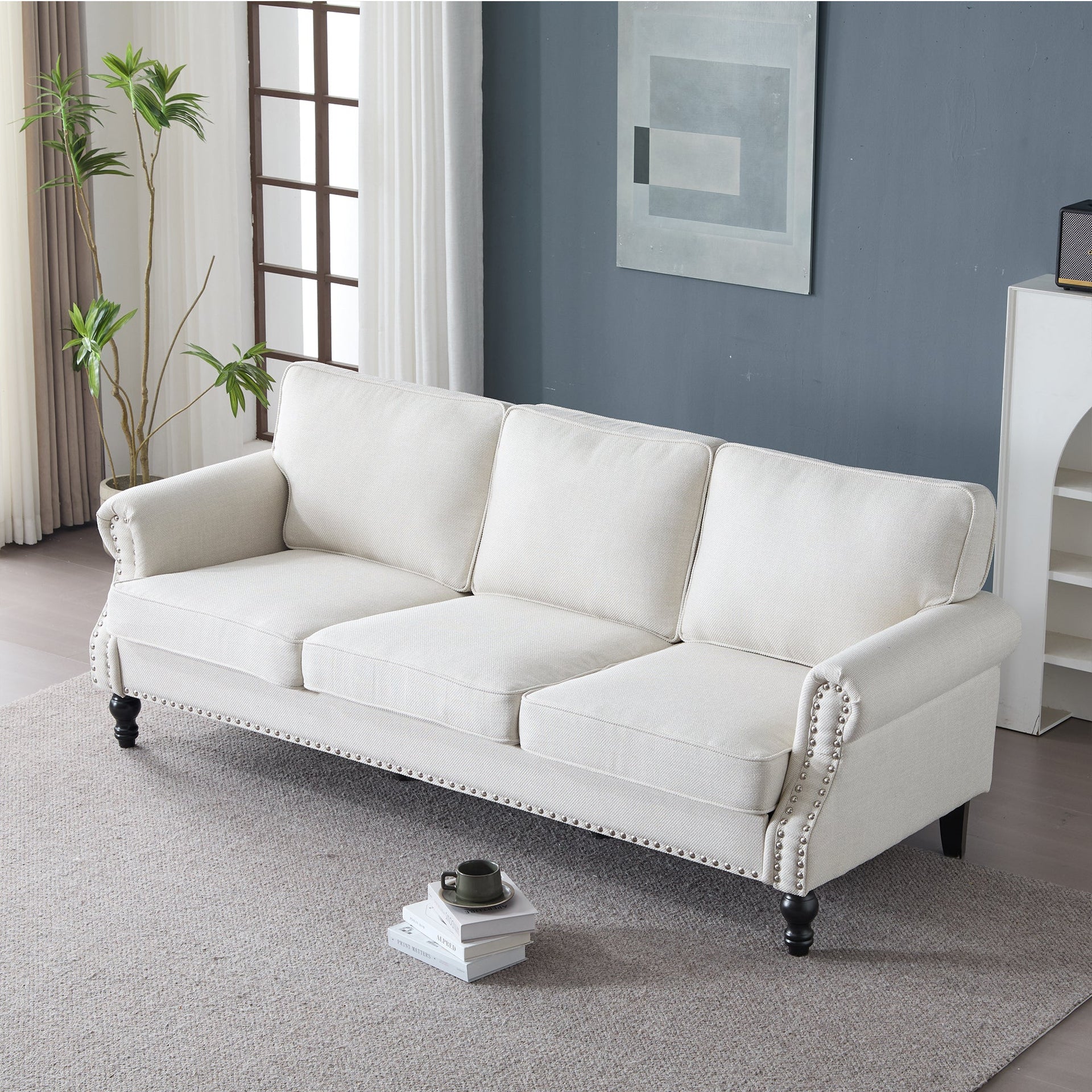 83 Inch Faux Leather Rolled Arm Sofa with Nailhead Trim