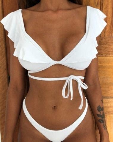 Beach Bikini Woman Lace Up Tie Strapless Leopard Swimsuit  Women's Halter Bikini V Cut Bottom Lace Up Two Piece Swimsuits Female Push Up Ruffled Bow Bathing Suit Thong Swimwear