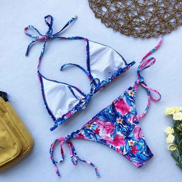 Beautiful Multicolored Women High Waist Bikini Swimwear Women Halter Push Up Bikini Set Swimsuit Women's Flower Print Bikini High Waist Beach Swimsuits Sporty Two Piece Bathing Suit Female Beach Wear Bathing Suit