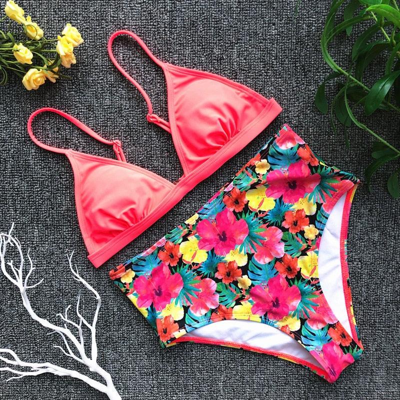 Beautiful Multicolored Women High Waist Bikini Swimwear Women Halter Push Up Bikini Set Swimsuit Women's Flower Print Bikini High Waist Beach Swimsuits Sporty Two Piece Bathing Suit Female Beach Wear Bathing Suit