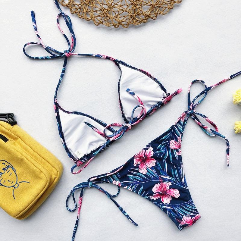 Beautiful Multicolored Women High Waist Bikini Swimwear Women Halter Push Up Bikini Set Swimsuit Women's Flower Print Bikini High Waist Beach Swimsuits Sporty Two Piece Bathing Suit Female Beach Wear Bathing Suit